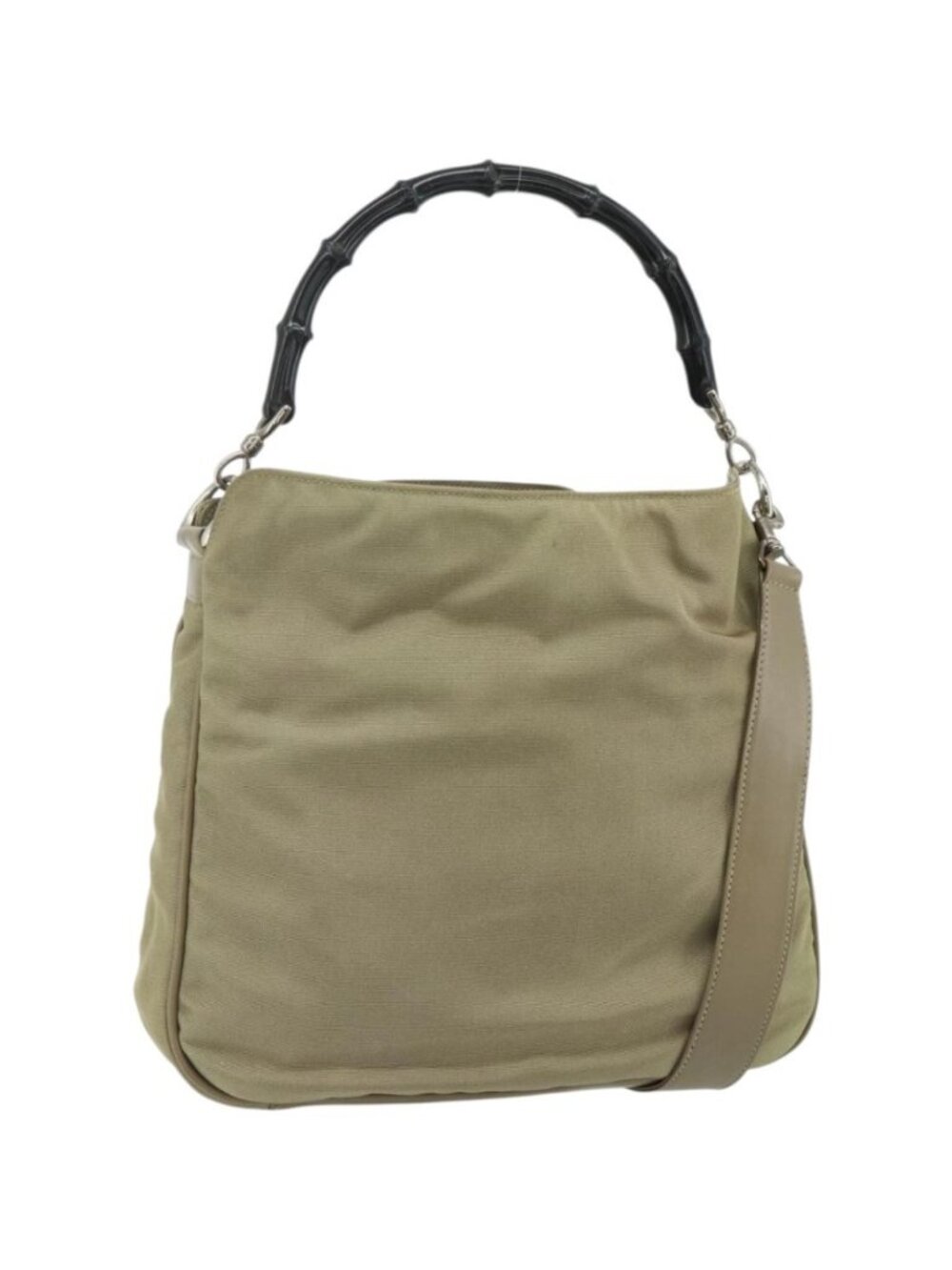 GUCCI Bamboo Shoulder Bag Nylon 2way Khaki Silver 001 1638